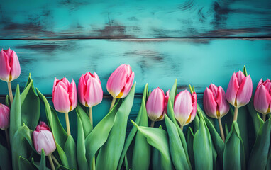 Obraz na płótnie Canvas pink tulips on a blue wooden background