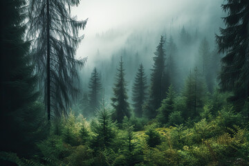 Forest with fog in the trees and mist, smokey background. Generative Ai.