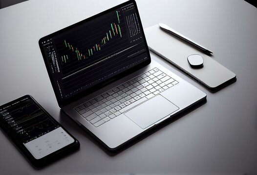 Top view of laptop and blank mock up cellphone on desktop with glowing forex chart on white desk background. Trade, finance and invest concept. 3D Rendering. Generative AI
