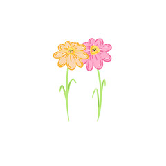 illustrated happy friend flowers hugging. two smiling flowers drawn on a trasparent background
