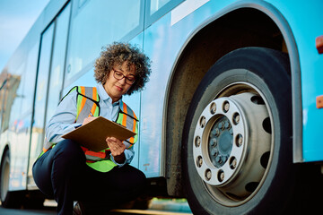 Bus driver checking vehicle tires before ride.