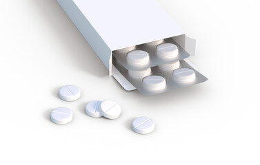 White pills in two blister packs in cardbox packaging on a transparent background. 3d rendering