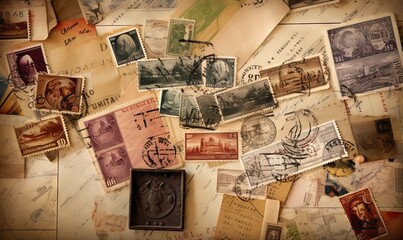  a bunch of stamps are laying on a table top together.  generative ai