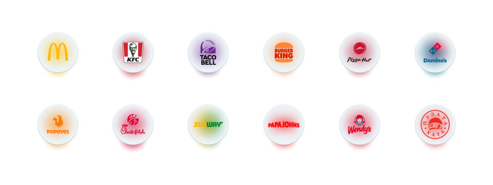 Mcdonalds, KFC, Taco Bell, Burger King, Pizza Hut, Dominos, Popeyes, ChickFilA, Subway, Papa Johns, Wendys fast food editorial logo on glassmorphic button set. 
Zdolbuniv, Ukraine - April 11, 2023