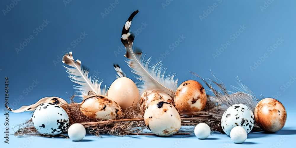 Poster A Raw image of golden quail eggs and quail feathers was captured - generative ai.
