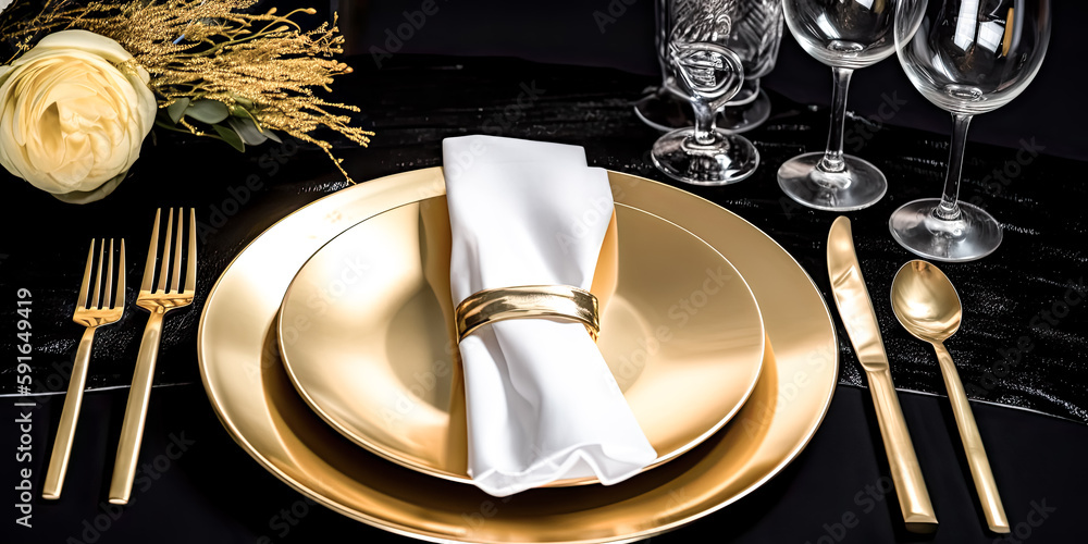 Aufkleber a png file of a dining space setting with cutlery and a gold plate was created - generative ai.