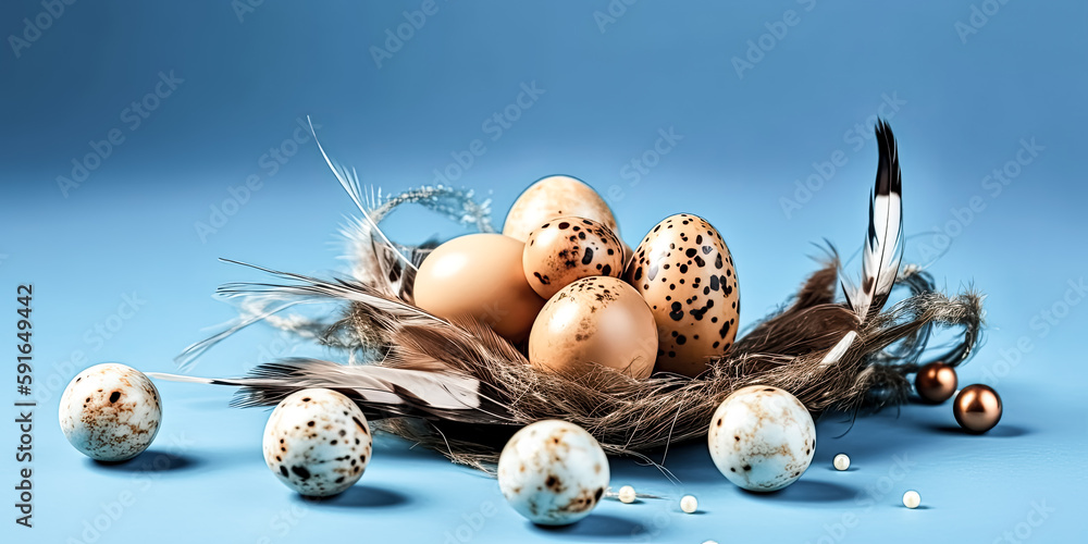 Poster a picture featuring a raw of golden quail eggs and quail feathers on a blue background was created -