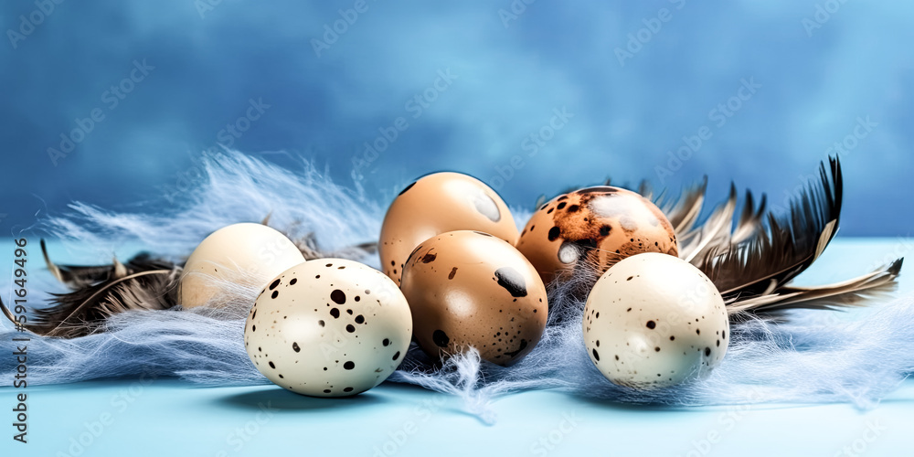 Poster a raw image of golden quail eggs and feathers on blue background was created - generative ai