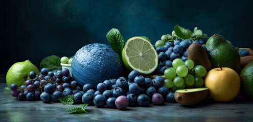 Collection of fruits, grain, and various other vegetables, light indigo, and green, raw energy. Generative Ai.

