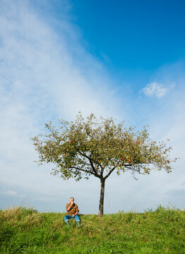 Farmer sitting on hill next to apple tree, eating apple, Germany