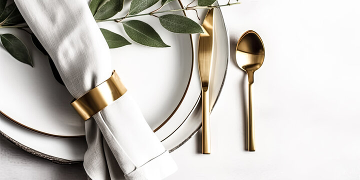 The gold cutlery with eucalyptus branches on a white plate was depicted - generative ai.