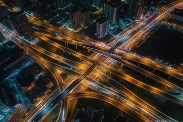 Fototapeta na wymiar traffic at night from a drone view created with Generative AI technology