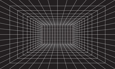 Grid room in perspective in 3d style. Indoor wireframe from white laser beam,  digital empty box. Abstract geometric design