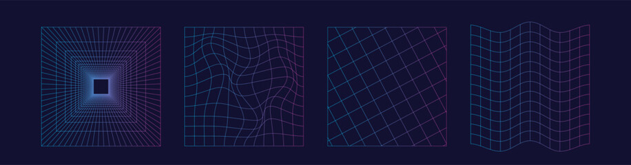Set of distorted wireframe grid  in neon color. Retrowave, synthwave, rave. Trendy retro 1980s, 90s style. Print, poster, banner.vaporwave