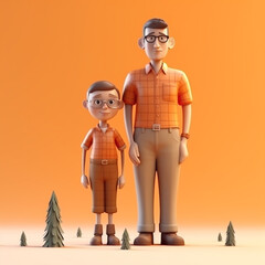Father and son standing on orange background. 3D illustration. Happy Father's day Concept, generative ai