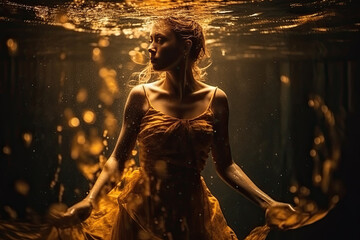 Amazing woman in a gold dress underwater in the pool, created with Generative AI