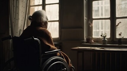 Lonely elderly person in wheelchair in home nursing looking out window. Generative AI