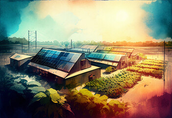 Solar Energy Roof Farm in Watercolor Style
