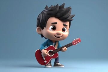 3D cartoon cute musician kid play guitar. Generative AI