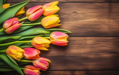 pink yellow tulips on a wooden background