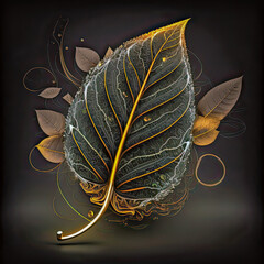 Gray leaf with exquisite gold-lined veins, created with AI