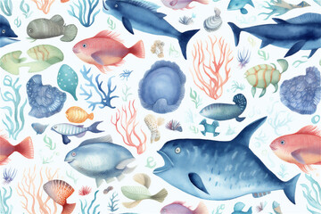 Naklejka premium Watercolor Abstract Ai Generative Illustration Inspired by Sea Life, Fishes, and Flora Elements
