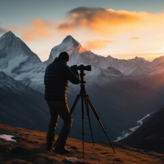 photographer at sunset, mountains, 