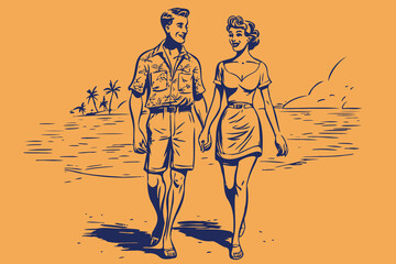 retro cartoon illustration of a happy couple walking at the beach