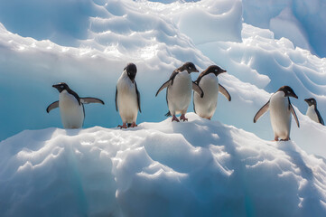 Six Adelie penguins standing on ice formation on a sunny day, Southern Ocean, Antarctica