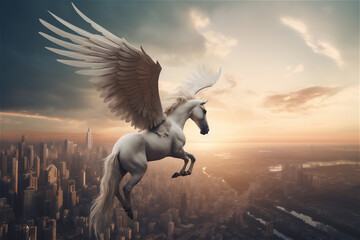 Obraz na płótnie Canvas Pegasus Flying Above a City Cinematic Shot