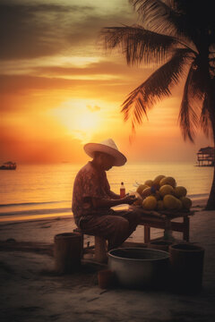Coconut Vendor at Sunset on a Beach - AI Generated Illustration in Watercolor Style