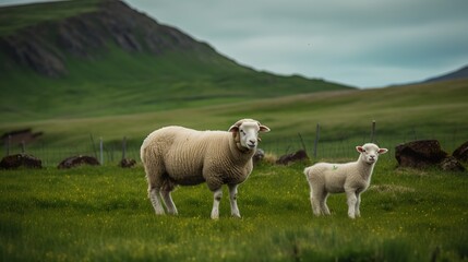 Obraz premium Icelandic Sheep with their playful lambs