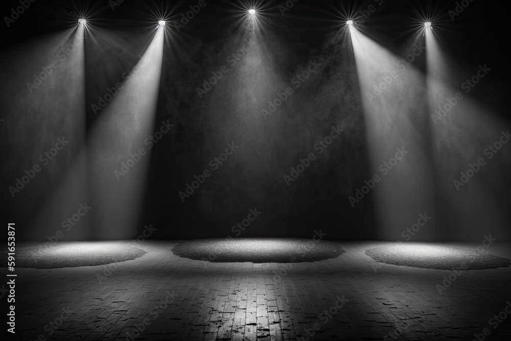 Poster rays of light from spotlights in a dark empty room. generative ai