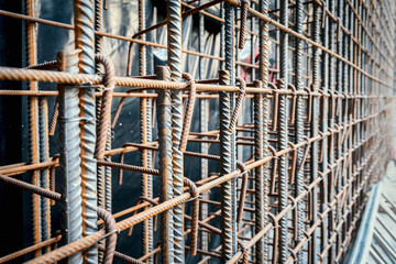close up Reinforced steel bars are being prepared for a concrete foundation