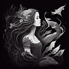 A mermaid is a river spirit that lures people with its beauty and draws them into the water. Black and white color scheme.
