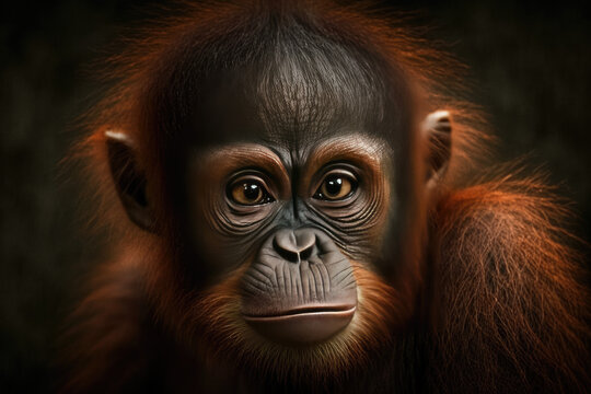 Portrait of a baby orangutan isolated on black background. Generative AI