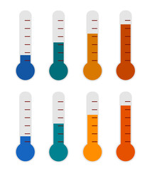 Temperature measurement from cold to hot. Thermometer gauges vector illustration set