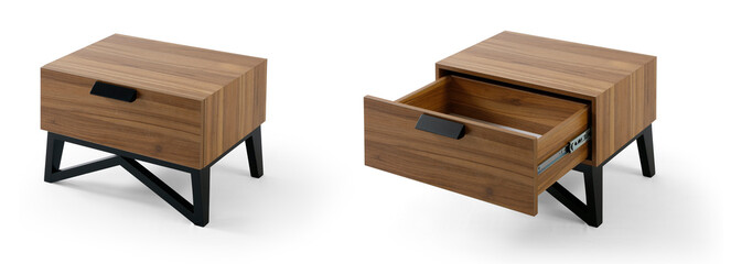 wood bedside table . Modern designer nightstand isolated on white background corner view. cabinet with two drawers