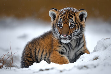 Fototapeta na wymiar a cute baby tiger is playing in the snow. Generative AI