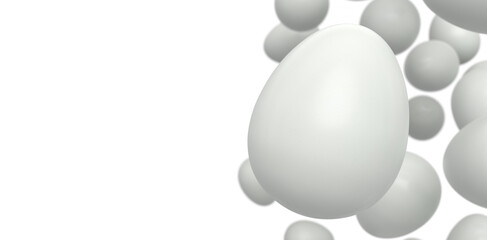 Group of flying farm raw organic white chicken eggs flying on white background