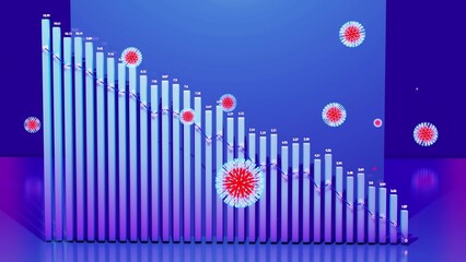 3d render. Abstract graph of descending columns or bars around which coronaviruses like covid-19 fly. Pandemic reduction concept. 3d abstract infographic background.