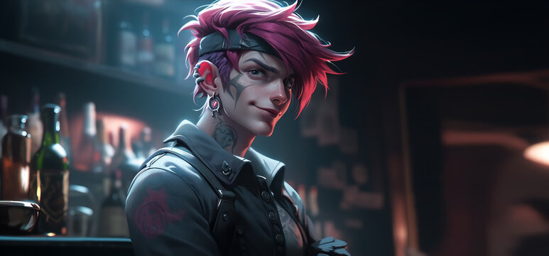 Animated Cocktails,  A Pretty Boy with Purple Hair Serving Up Delicious Drinks in a Cartoon Bar.  Generative ai. 