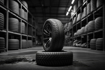 tires with rims in a workshop or warehouse. Generative AI - obrazy, fototapety, plakaty