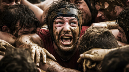 A muddy rugby match is being played in a stadium. Rugby players tackling during game. Generative AI