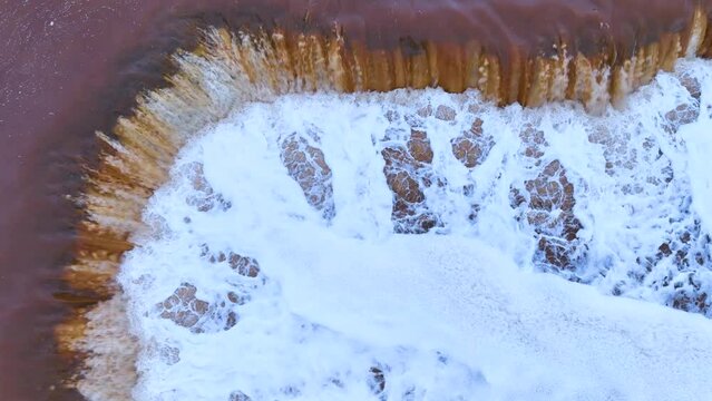 Rio Tinto textures. Aerial view from a drone in the surroundings of the town of Berrocal. Sierra Morena, Gulf of C&aacute;diz, Huelva, Andalusia, Spain, Europe