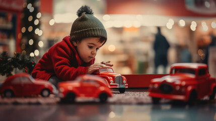 Obraz na płótnie Canvas the kid plays with a red toy car on the floor, in a shopping center festively decorated for Christmas. Generative AI