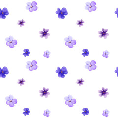 Obraz na płótnie Canvas Seamless pattern with different purple violet flowers and leaves on a white background