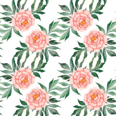 Seamless pattern with peach peonies and leaves on a white background