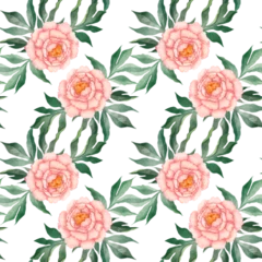 Behang Seamless pattern with peach peonies and leaves on a white background © Asya