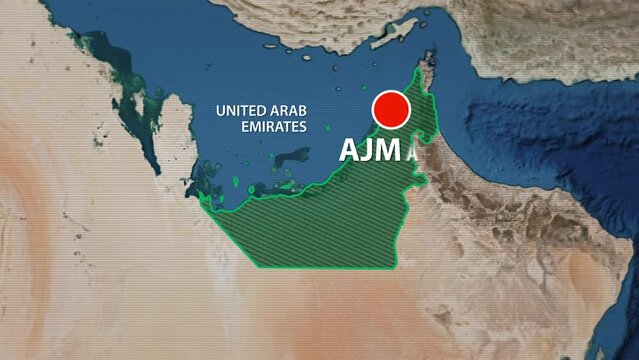 Designation of the borders of United Arab Emirates on the map and the mark of the location of the city of Ajman
